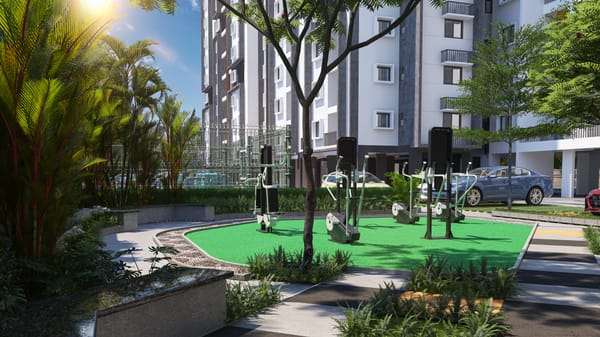 The Sattva Bliss outdoor gym on green turf below the towers, artist's impression