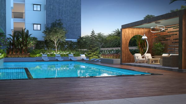 The Sattva Bliss swimming pool with its timber deck and the pavilion's round opening, artist's impression