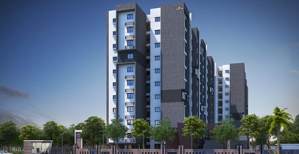 Sattva Bliss towers seen from the approach road with the gate, artist's impression