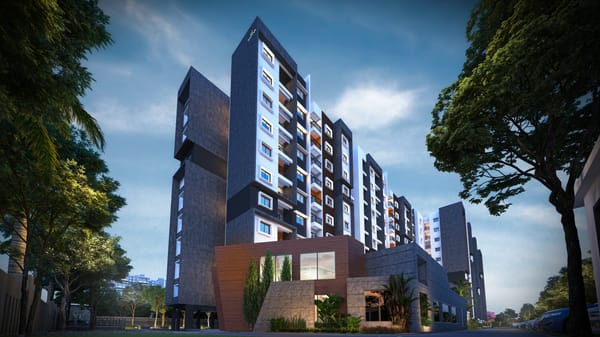 Sattva Bliss towers and clubhouse framed by trees, artist's impression
