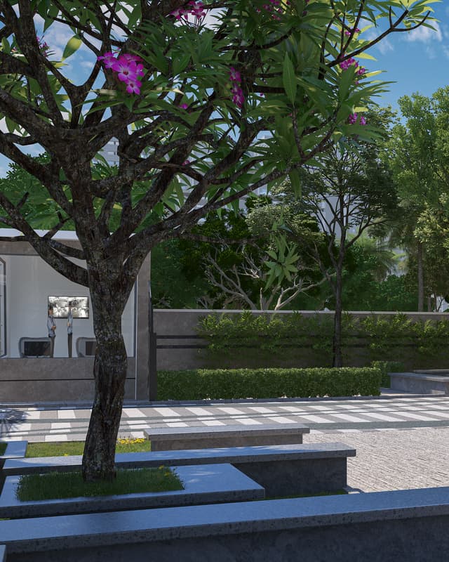 The seating plaza under a flowering tree beside a Sattva Bliss tower, artist's impression