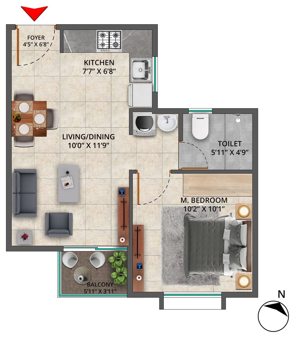 Sattva Bliss 1 BHK Type 1 unit plan