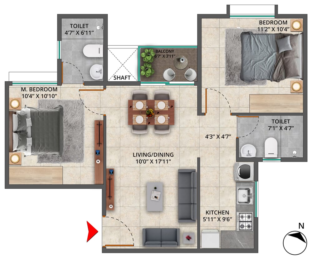 Sattva Bliss 2 BHK Type 1 unit plan
