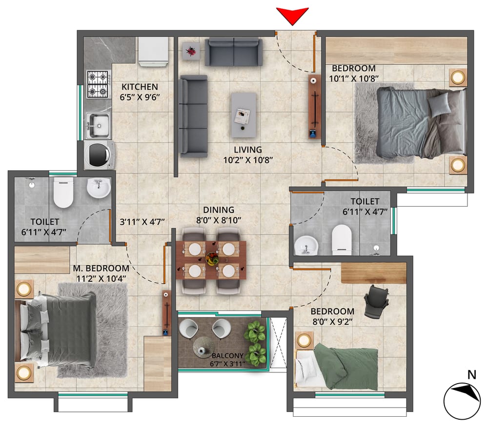 Sattva Bliss 3 BHK Type 1 unit plan