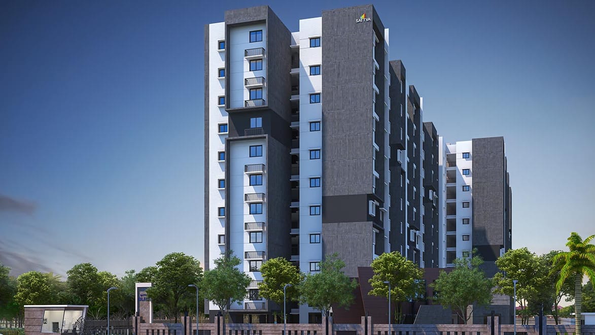 Sattva Bliss towers from the approach road, artist's impression, the poster of the walkthrough