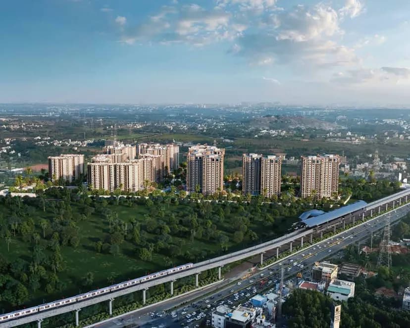 Sattva City towers beyond the trees beside Bengaluru Airport Road and the elevated metro line, artist's impression