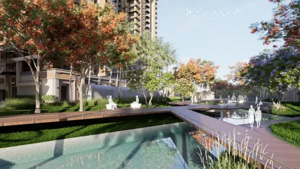A boardwalk over the water garden at Sattva City, artist's impression, the poster of the walkthrough