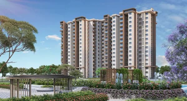 Sattva City towers above an entrance pergola and flower beds, artist's impression
