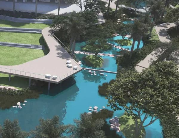 The Sattva City lake with a viewing deck and a winding walkway, artist's impression