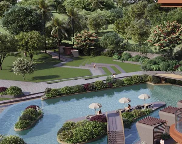 A pool with island planters and umbrellas in the Sattva City gardens, artist's impression