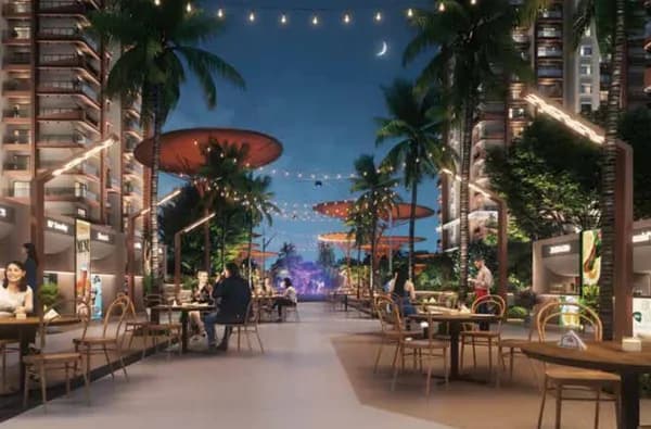 The Sattva City marketplace plaza with cafe seating at night, artist's impression