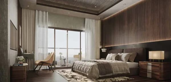 A master bedroom in a Sattva City apartment with a wall of glass, artist's impression