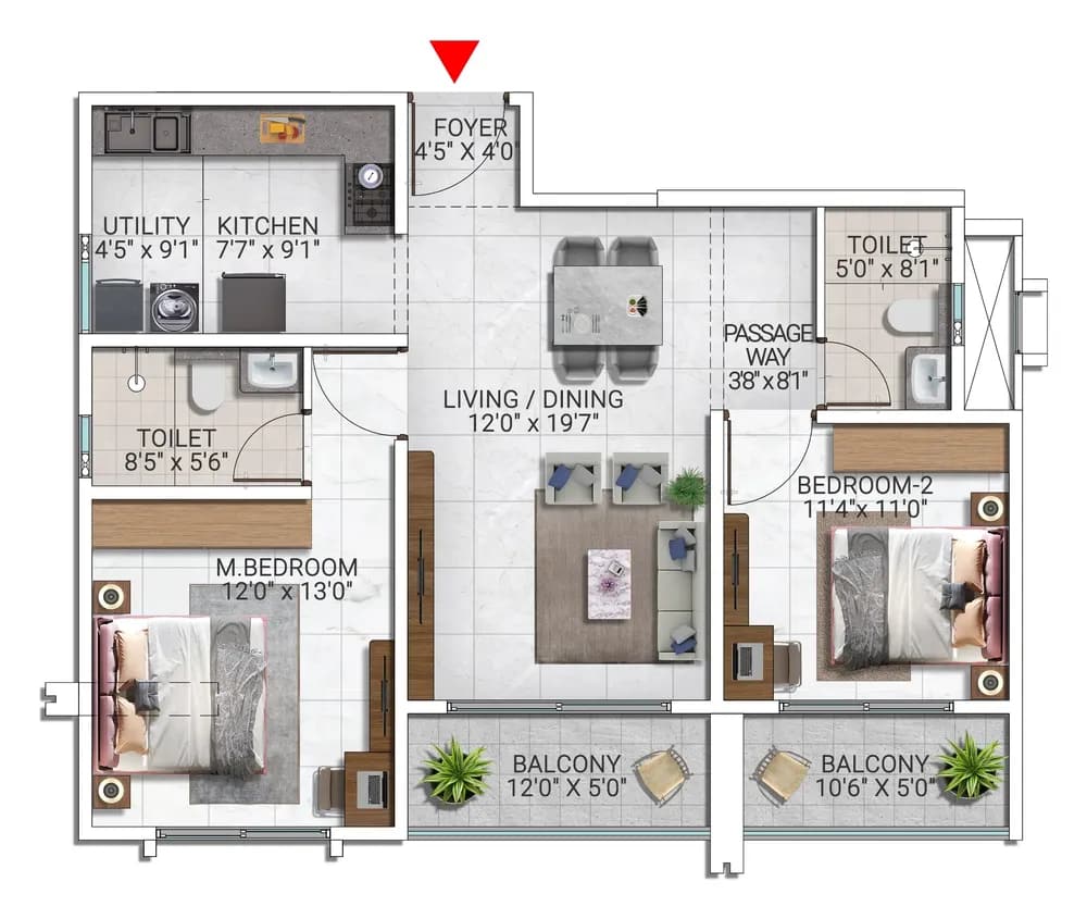 Sattva City 2 BHK unit plan, Type 56, Block 12