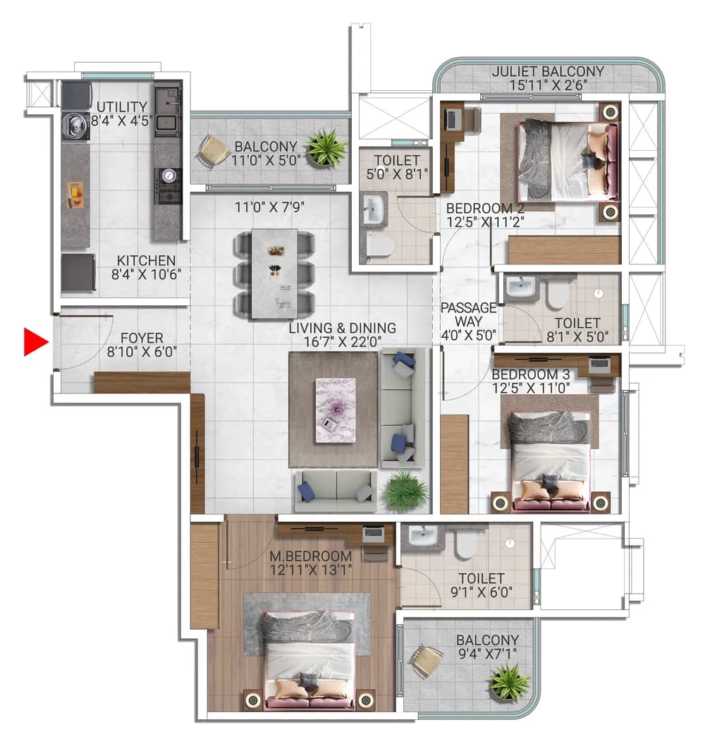 Sattva City 3 BHK unit plan, Type 20