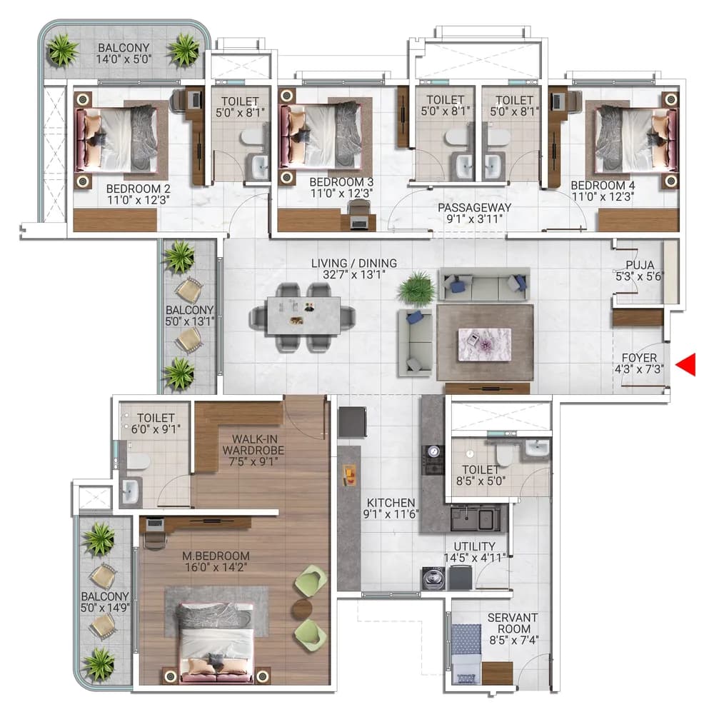 Sattva City 4 BHK unit plan, Type 01, Blocks 1 to 4