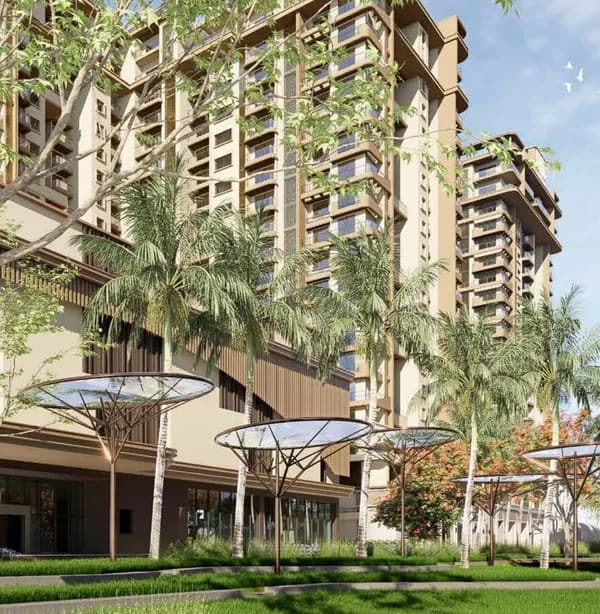 A stepped lawn with canopies below the Sattva City towers, artist's impression
