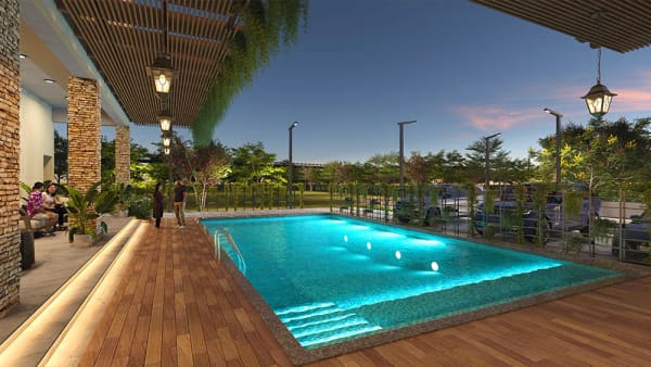 The swimming pool and deck at dusk, artist's impression