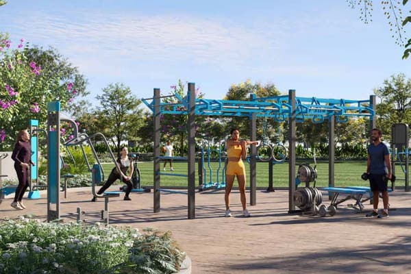 The outdoor gym with calisthenics frames and fitness stations, artist's impression