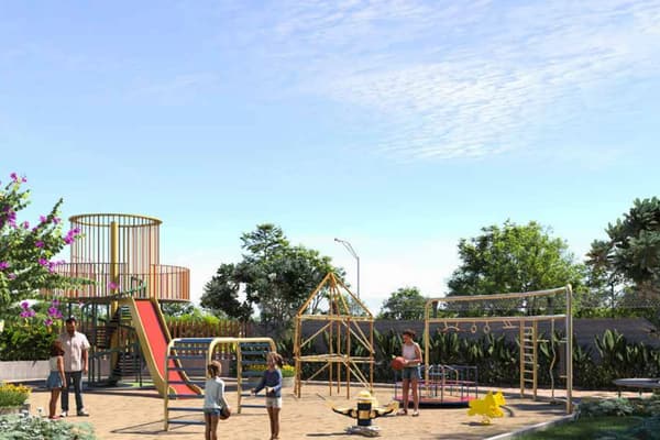 The kids' play area with a slide, climbing frames and swings, artist's impression