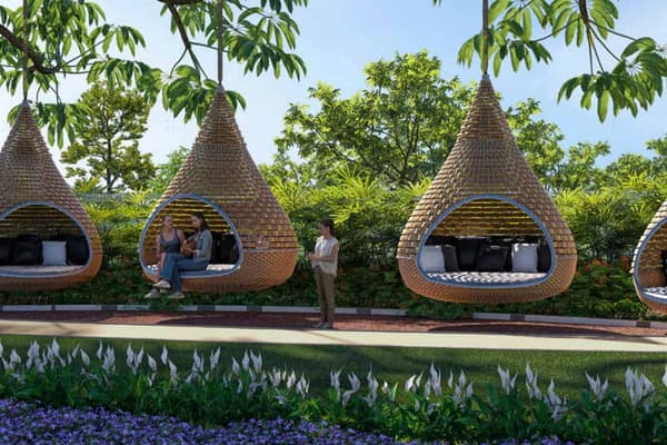 Hanging nest seats over flower beds in the park, artist's impression