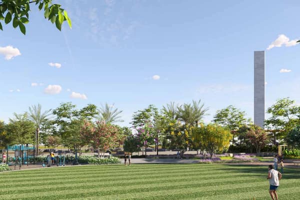 The open play ground: a striped lawn with the entrance pylon beyond the trees, artist's impression