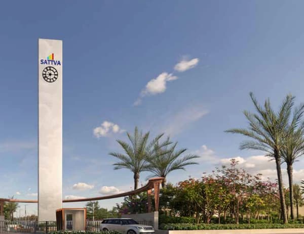 The Sattva Ekatra entrance: the Sattva pylon, the arched gate and palms, artist's impression