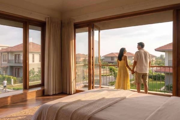 A couple on a bedroom balcony looking out at the homes along the street, artist's impression