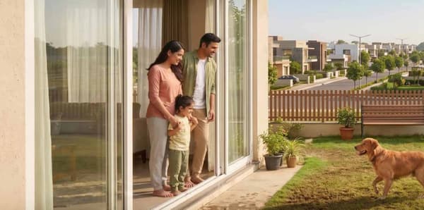 A family at a glass door watching their dog on the lawn, with homes and a street beyond the fence, artist's impression