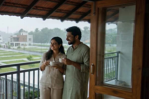 A couple with cups of tea at a balcony door, the plot rows and the park beyond, artist's impression