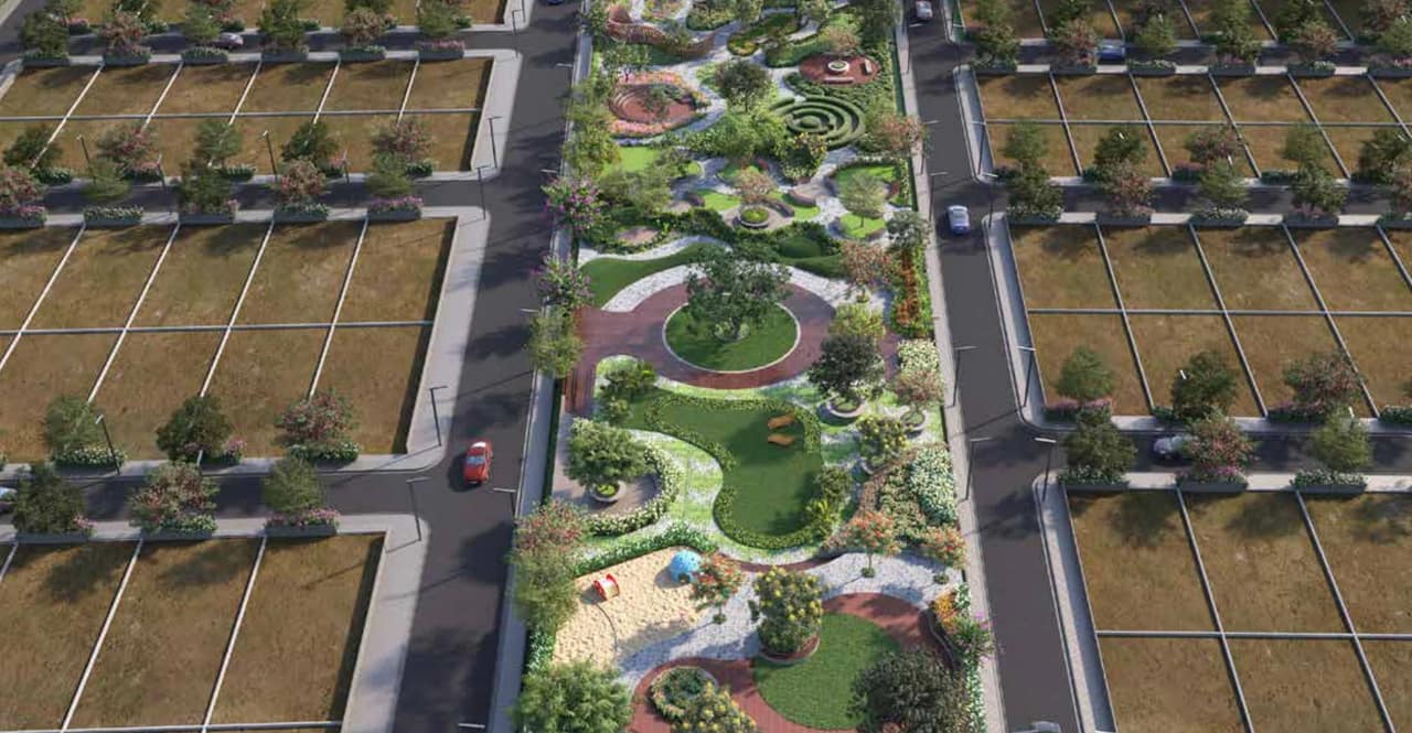 Sattva Ekatra from the air: a landscaped park between rows of plots and internal roads, artist's impression