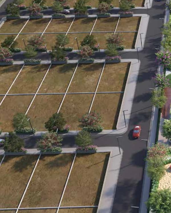Sattva Ekatra plot rows, internal roads, street lights and avenue trees from the air, artist's impression