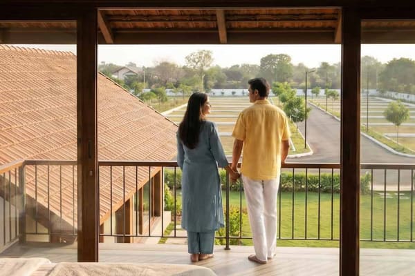 A couple on a balcony looking over the plot roads and the park, artist's impression