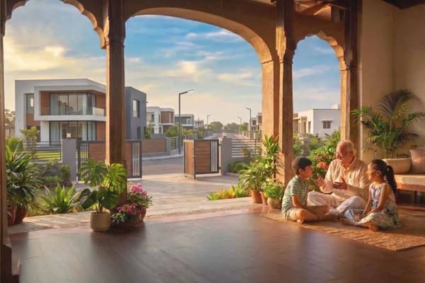 A grandfather and two children in an arched veranda that opens to the street, artist's impression