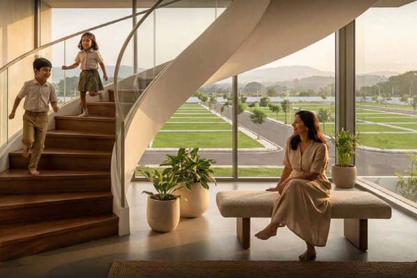 Children on a curved staircase in a home with a view of the plots, artist's impression