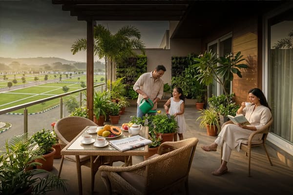 A family at breakfast on a covered terrace above the plots, artist's impression