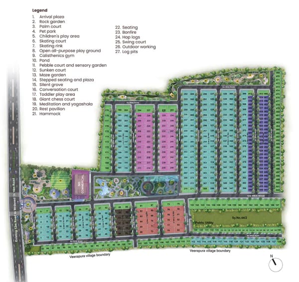 Sattva Ekatra master plan with the plot rows, roads, clubhouse and parks