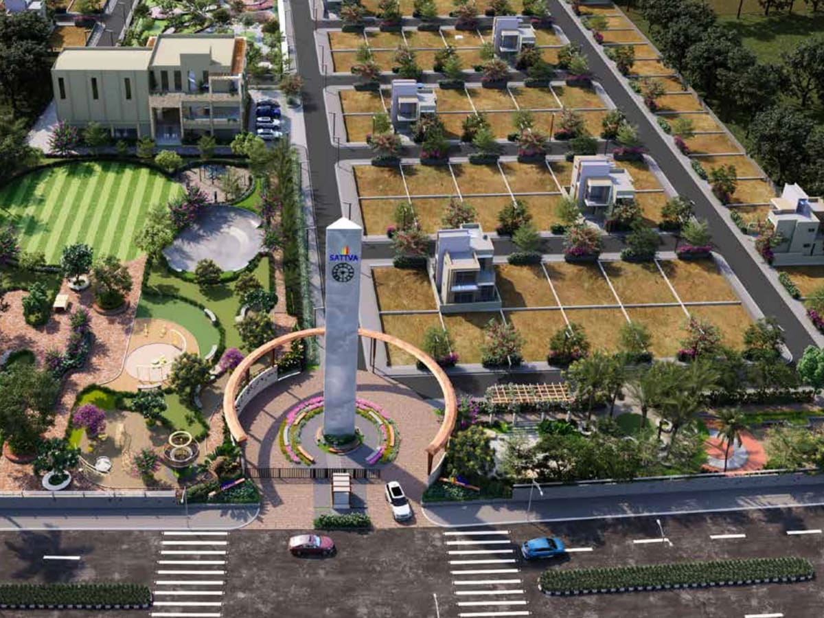 Sattva Ekatra: The entrance plaza, the clubhouse and the plot rows, artist's impression