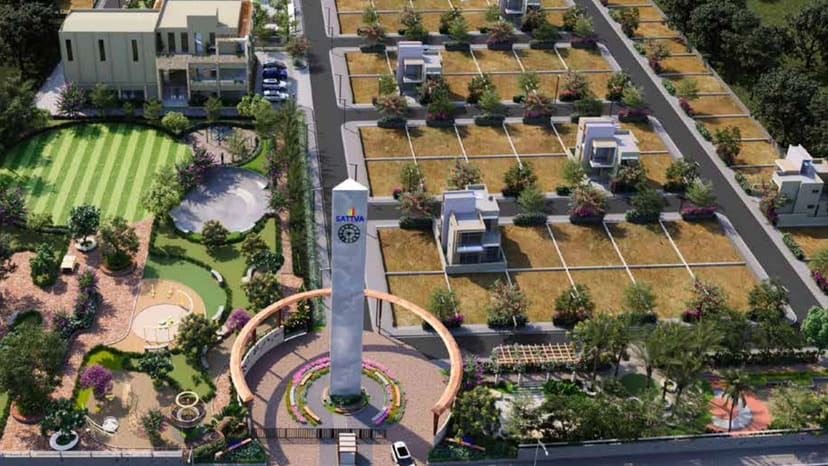 Sattva Ekatra entrance and clubhouse from the air, artist's impression, the poster of the walkthrough