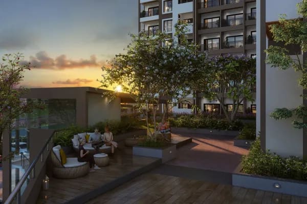 The sun deck lounge at Sattva Forest Ridge at dusk, artist's impression