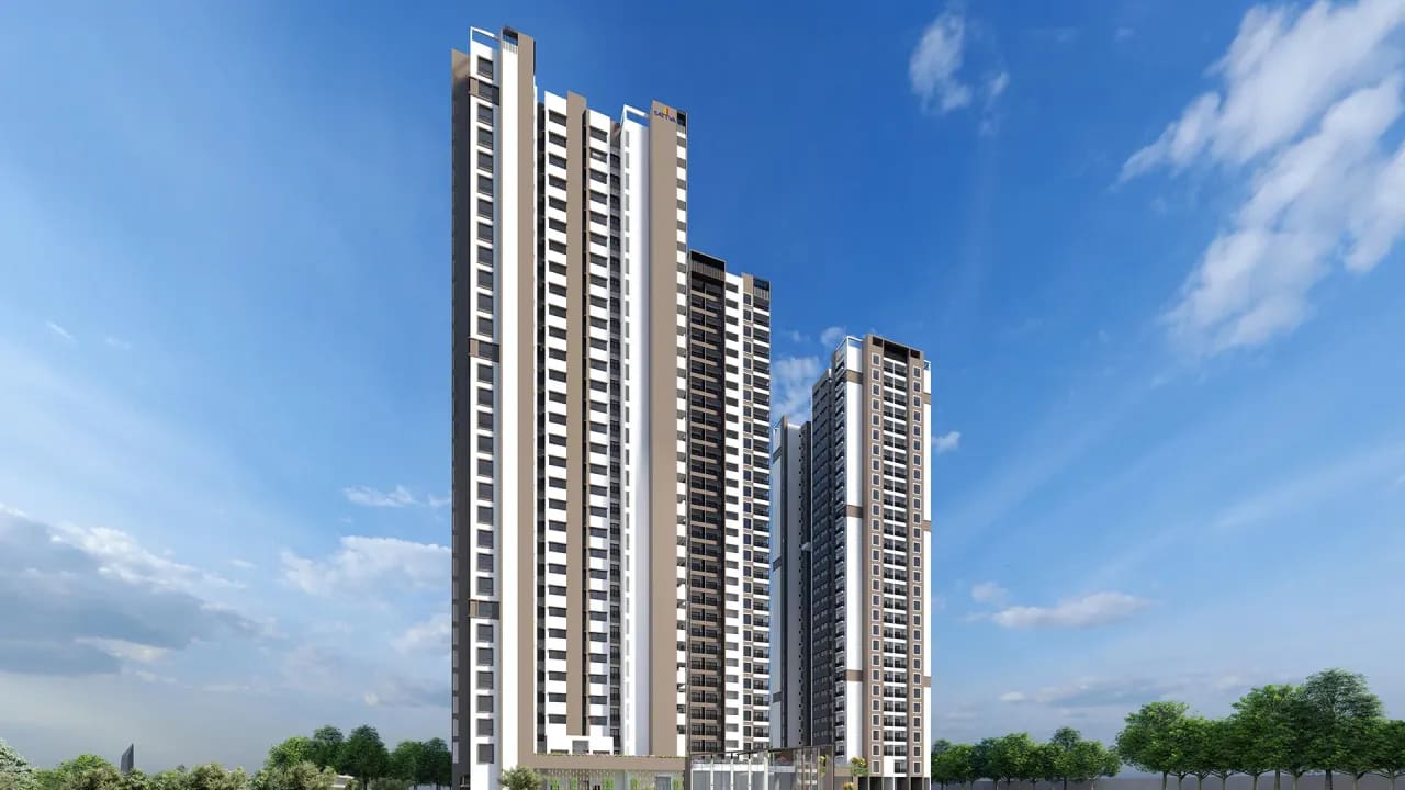 The Sattva Forest Ridge towers rising against a blue sky in JP Nagar 9th Phase, Bengaluru, artist's impression