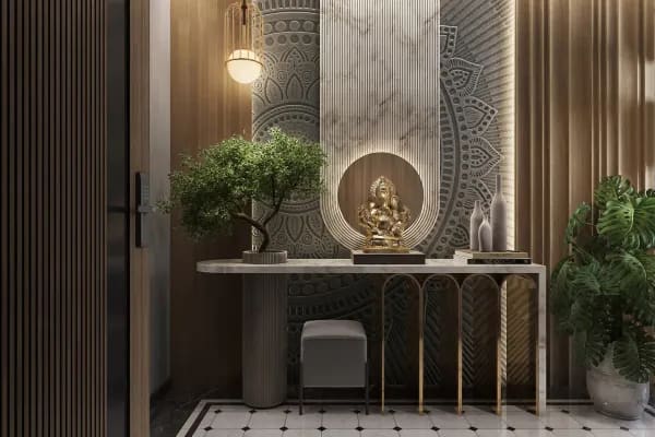 The entrance foyer of a Sattva Forest Ridge home, with a prayer niche, artist's impression