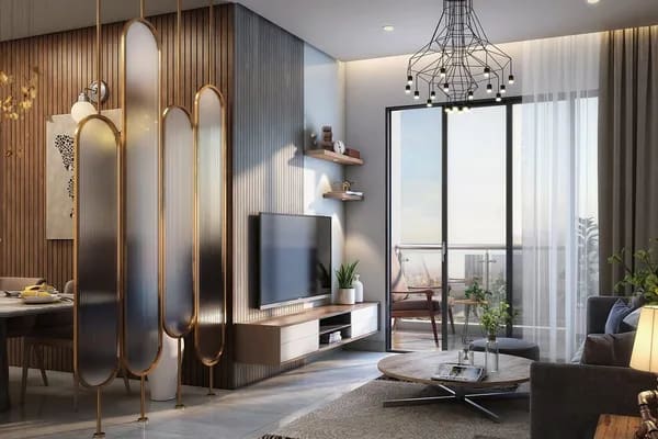 A living and dining room with a balcony in a Sattva Forest Ridge home, artist's impression