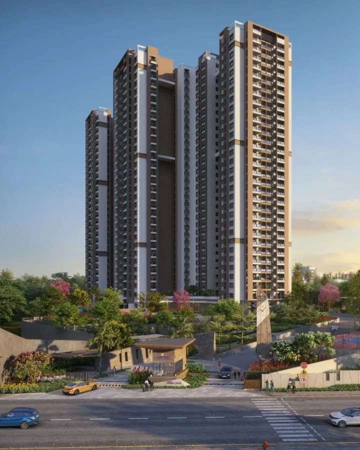 Sattva Forest Ridge: The towers and the entrance at dusk, artist's impression