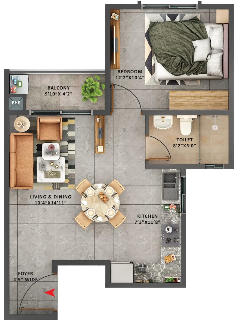 Sattva Forest Ridge 1 BHK unit plan, Type 5A