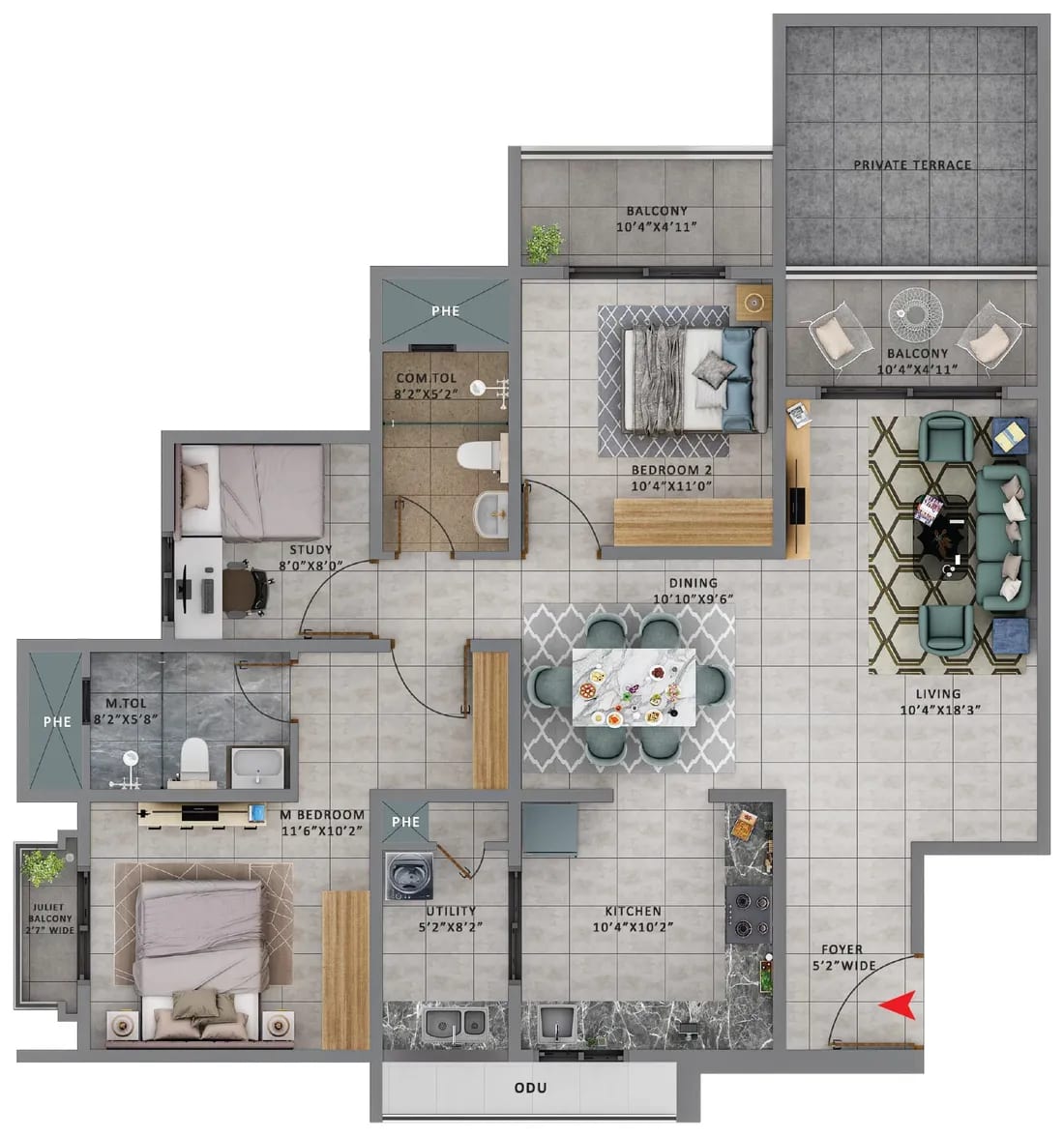Sattva Forest Ridge 2.5 BHK unit plan, Type 3A