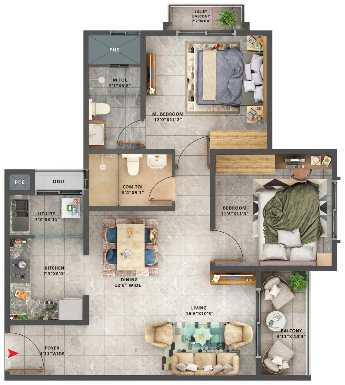 Sattva Forest Ridge 2 BHK unit plan, Type 4A