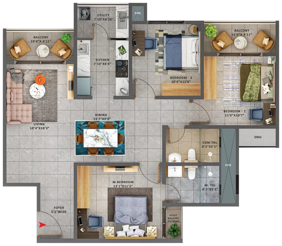 Sattva Forest Ridge 3 BHK + 2T unit plan, Type 2A