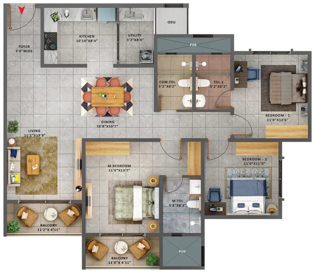 Sattva Forest Ridge 3 BHK + 3T unit plan, Type 1A