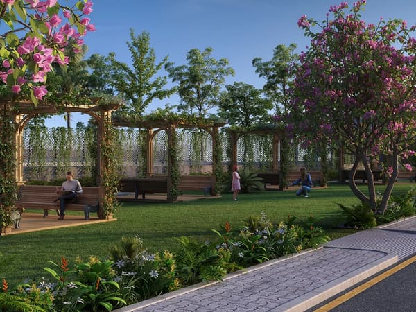 Pergola seating beside an internal road at Sattva Green Groves, artist's impression
