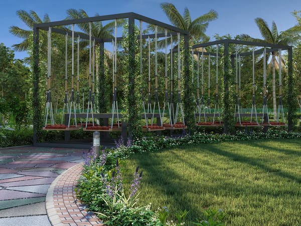 Swings under a planted pergola at Sattva Green Groves, artist's impression